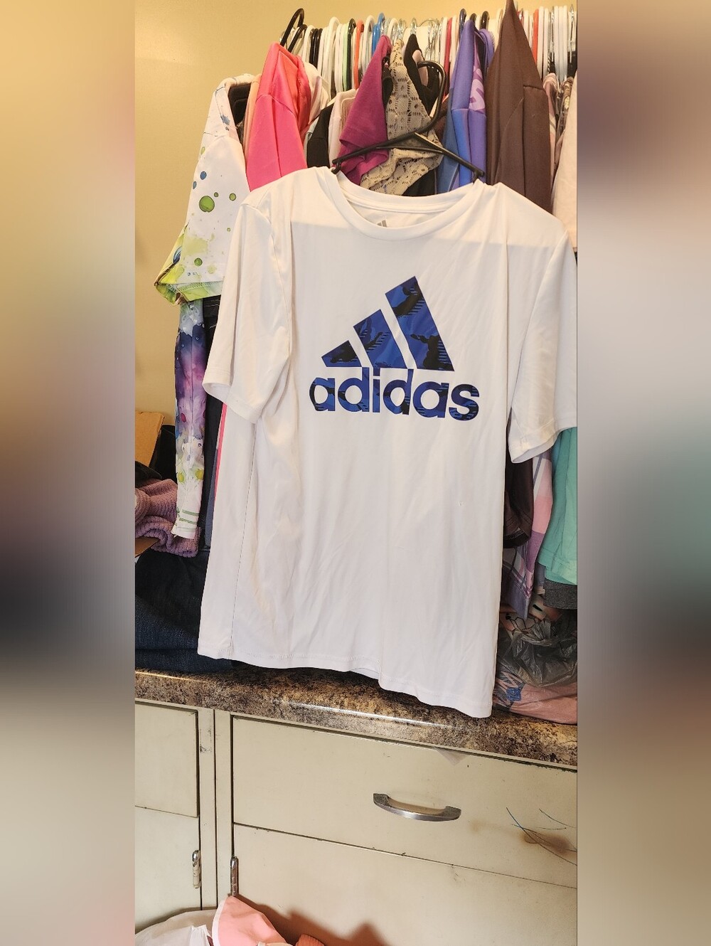 adidas White Short Sleeve Tee with Blue Logo Graphic